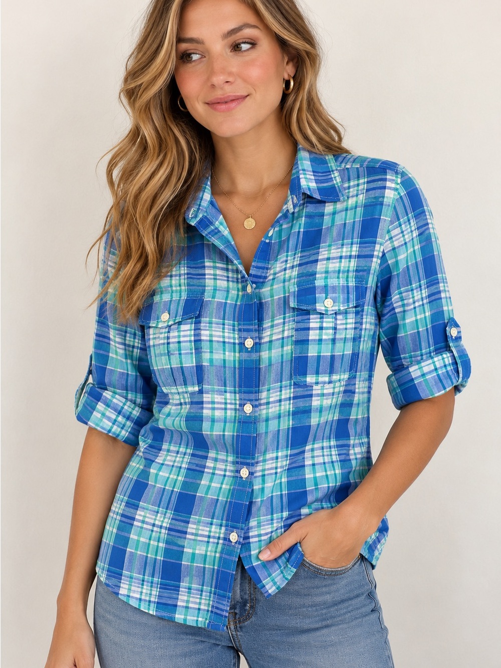 Lauren Ralph Lauren Blue Green Plaid Roll Tab Button Down Shirt XS